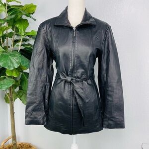Vintage Y2K Black Leather Belt Long Jacket